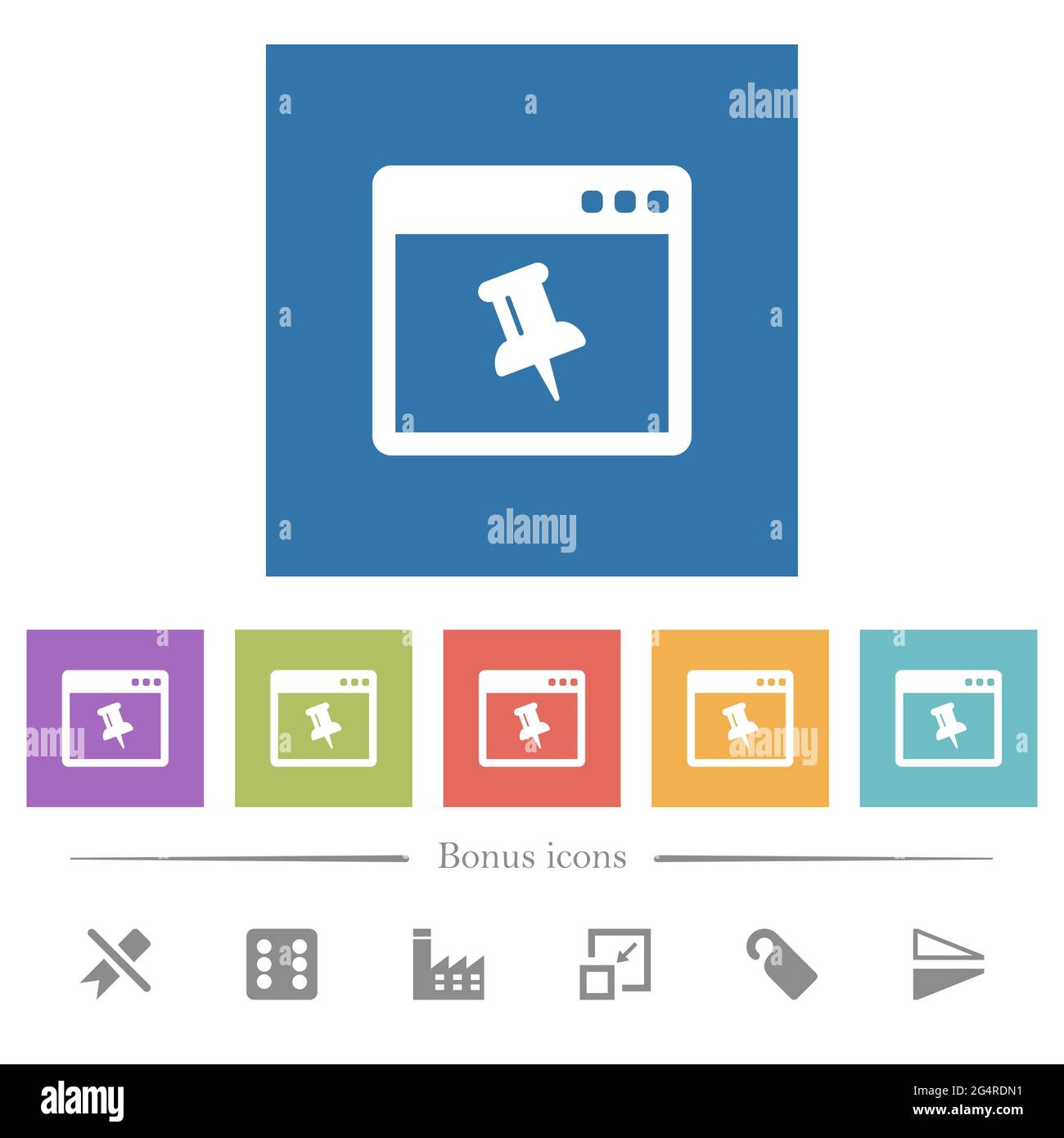 Application pin flat white icons in square backgrounds. 6 bonus icons ...