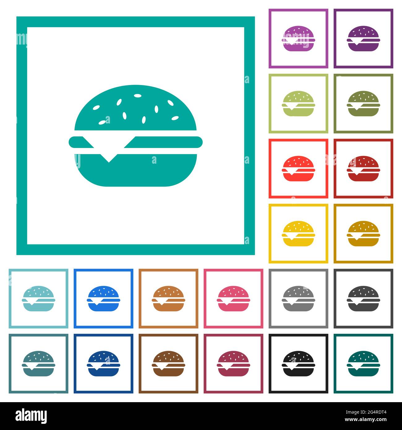 Single cheeseburger flat color icons with quadrant frames on white background Stock Vector