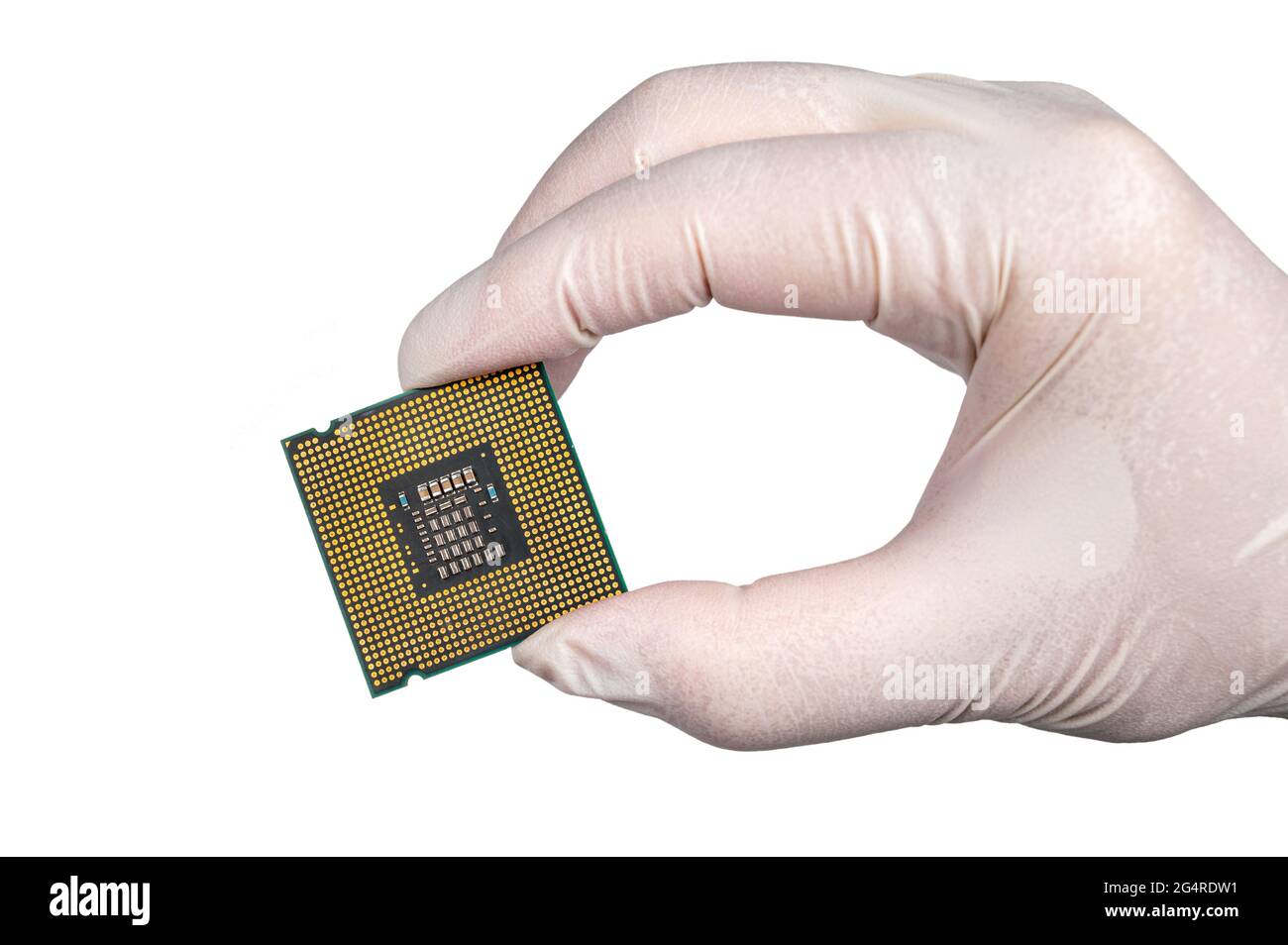 holding CPU wearing white gloves on white background. Stock Photo