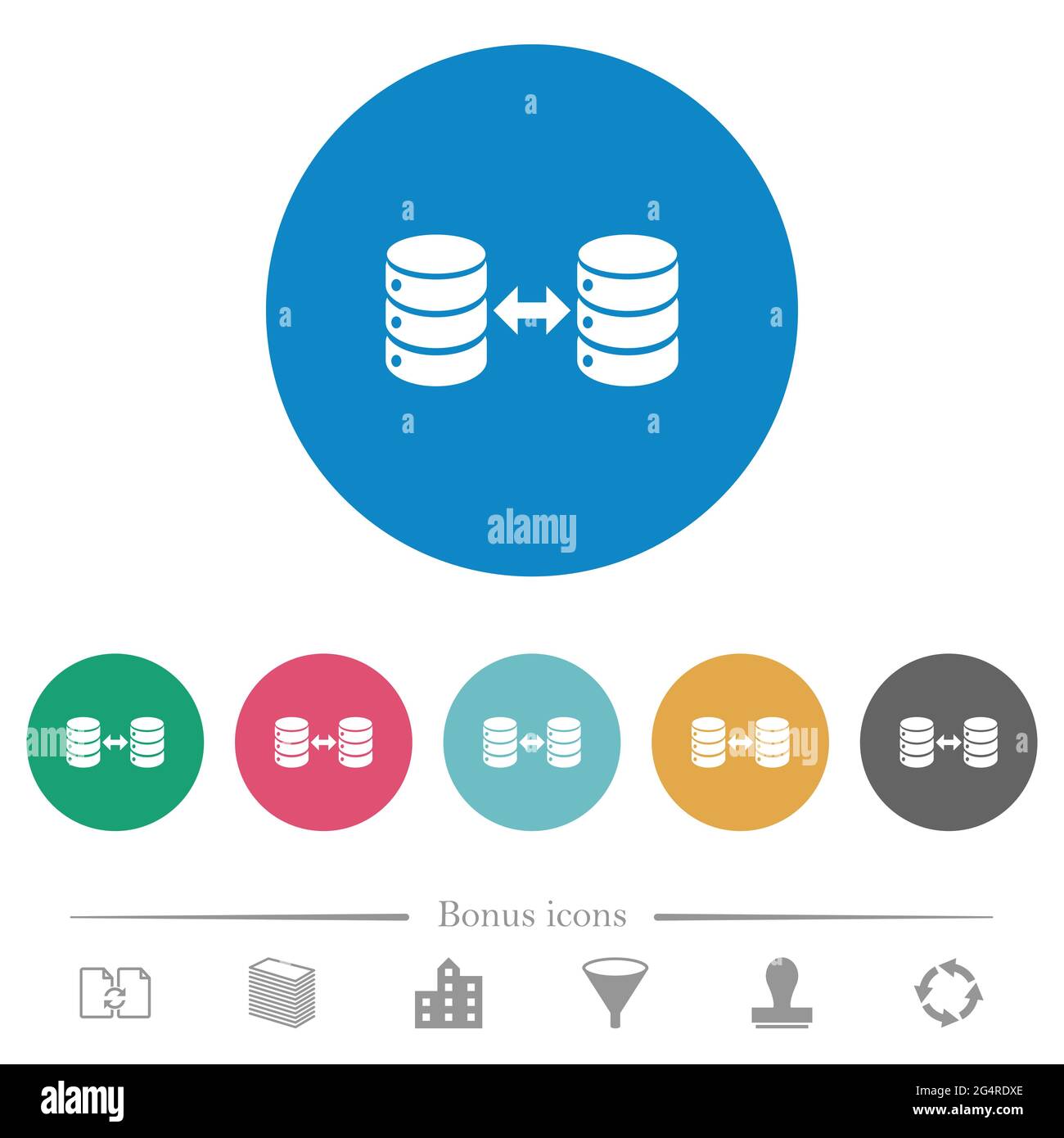 Syncronize databases flat white icons on round color backgrounds. 6 ...
