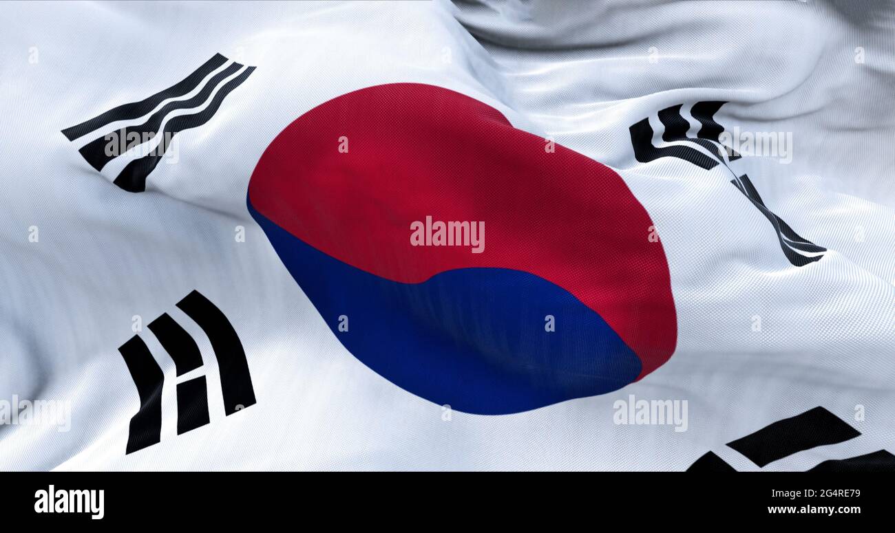 Detail of the national flag of South korea flying in the wind. Democracy and politics. The flag stands for the three components of a nation: the land, Stock Photo