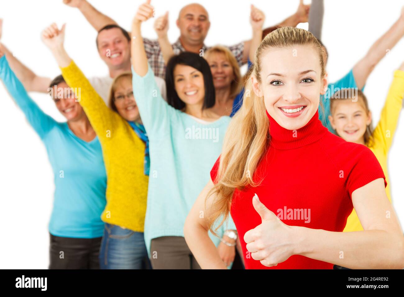 Large Group of Happy People smiling with thumbs up. Stock Photo