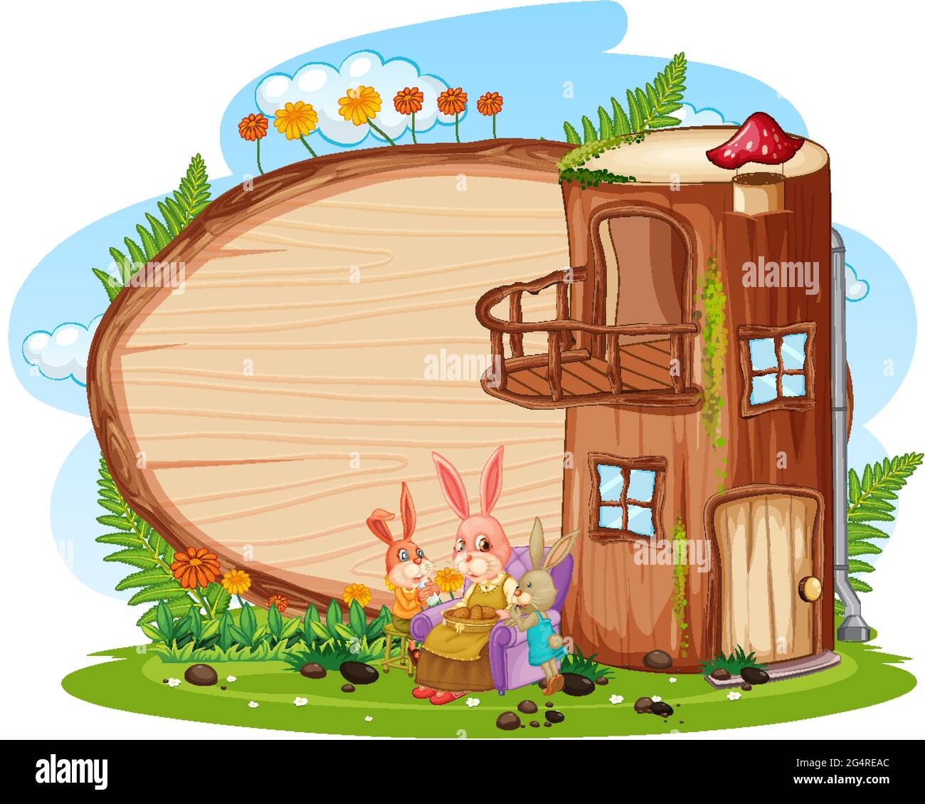 Blank wooden board in the garden with log house illustration Stock ...