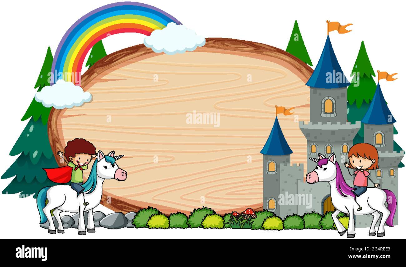 Empty wooden banner with fairy tale cartoon character and elements ...