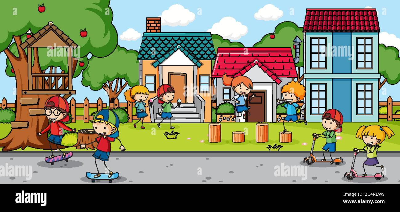 Outdoor scene with many kids playing at playground illustration Stock ...