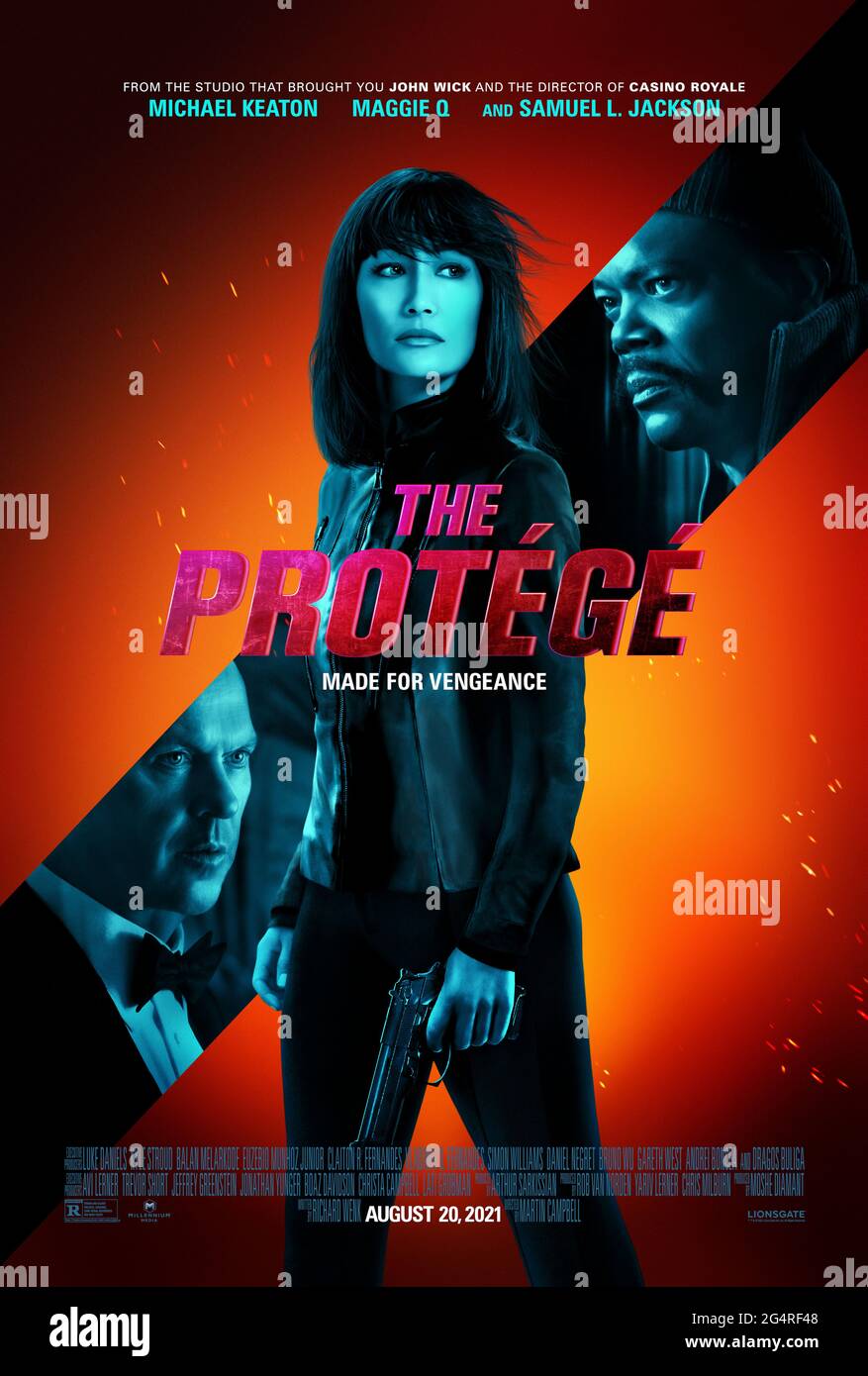 The Protégé (2021) directed by Martin Campbell and starring Maggie Q, Samuel L. Jackson, Lili Rich and Michael Keaton. A child raised be a legendary assassin avenges his death. Stock Photo