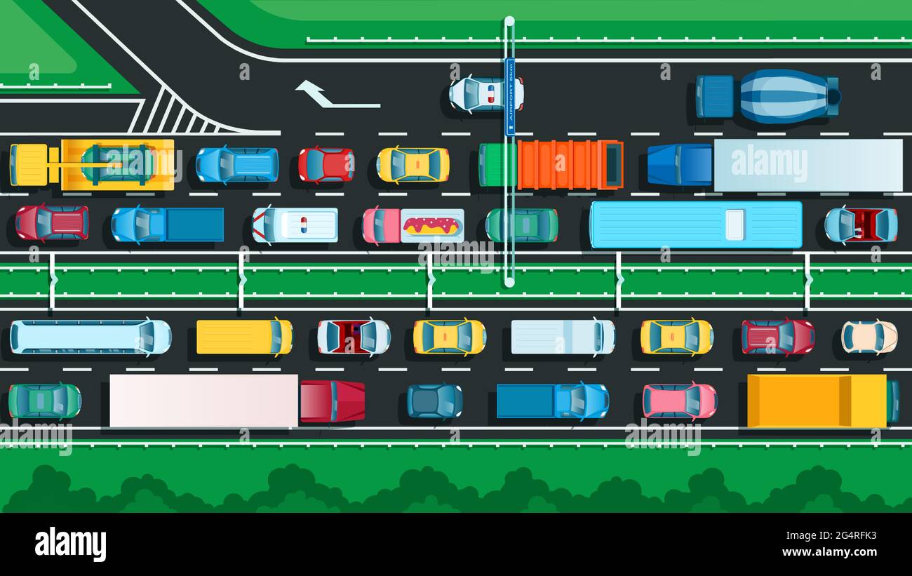 Top view highway with traffic jam. Many different cars on city street. Transportation problem, urban transport on jammed road vector illustration. Vehicles moving slowly on way lanes Stock Vector
