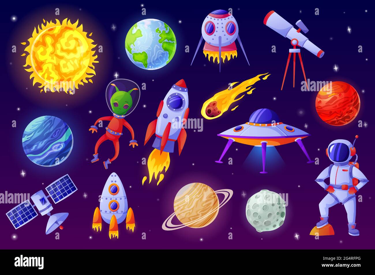 Cartoon space elements. Alien, ufo spaceship, rocket, astronaut, asteroid,  satellite, telescope. Colorful universe cosmic element vector set.  Fantastic flying cosmic objects for exploration Stock Vector Image & Art -  Alamy