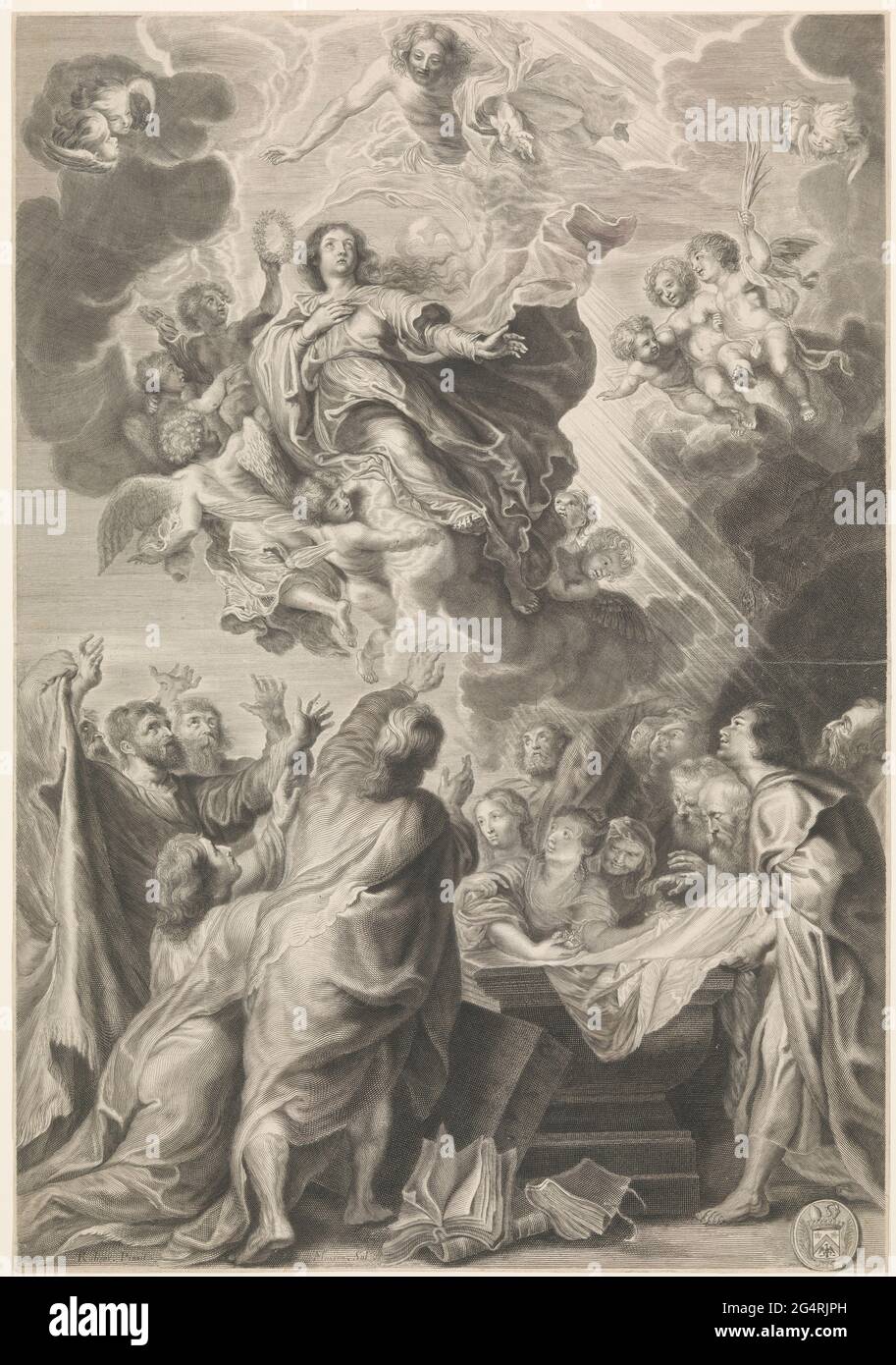 Ascension of Maria. Maria is worn in the sky by angels on clouds. She floats above hair grave, around which the apostles and women are. Stock Photo