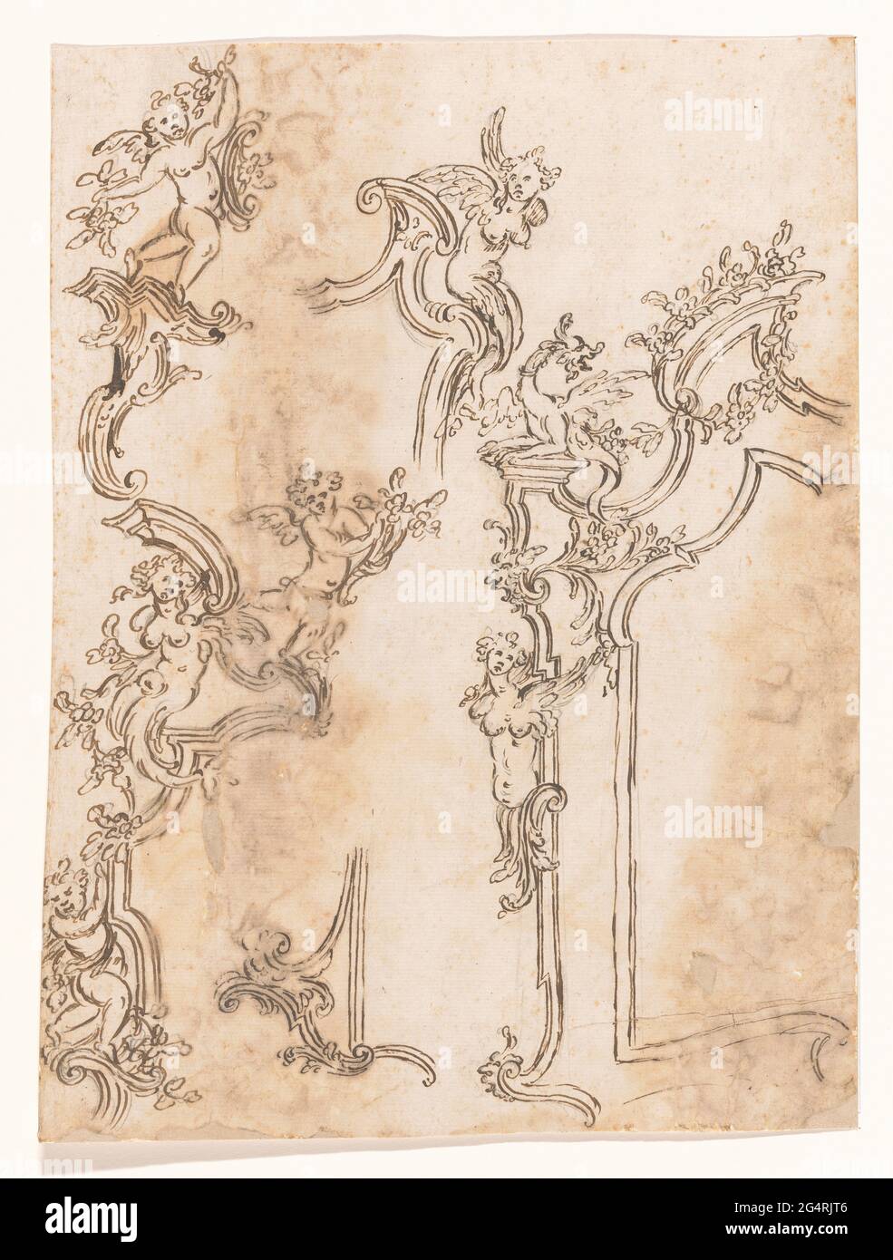 The left half of a mirror list with a winged women's figure and a dragon, left thereof details of mirror lists with winged figures. . Stock Photo