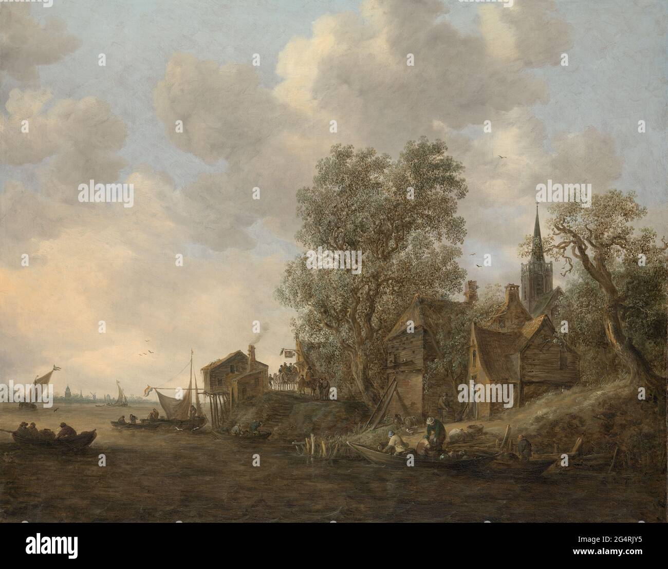 View of a Town on a river. View of a village on a river. There are some houses on the shore of a wide river or water. On the right in the foreground barrels are loaded from a boat, a car in the middle and figures for an inn. Left on the water Different boats. Stock Photo