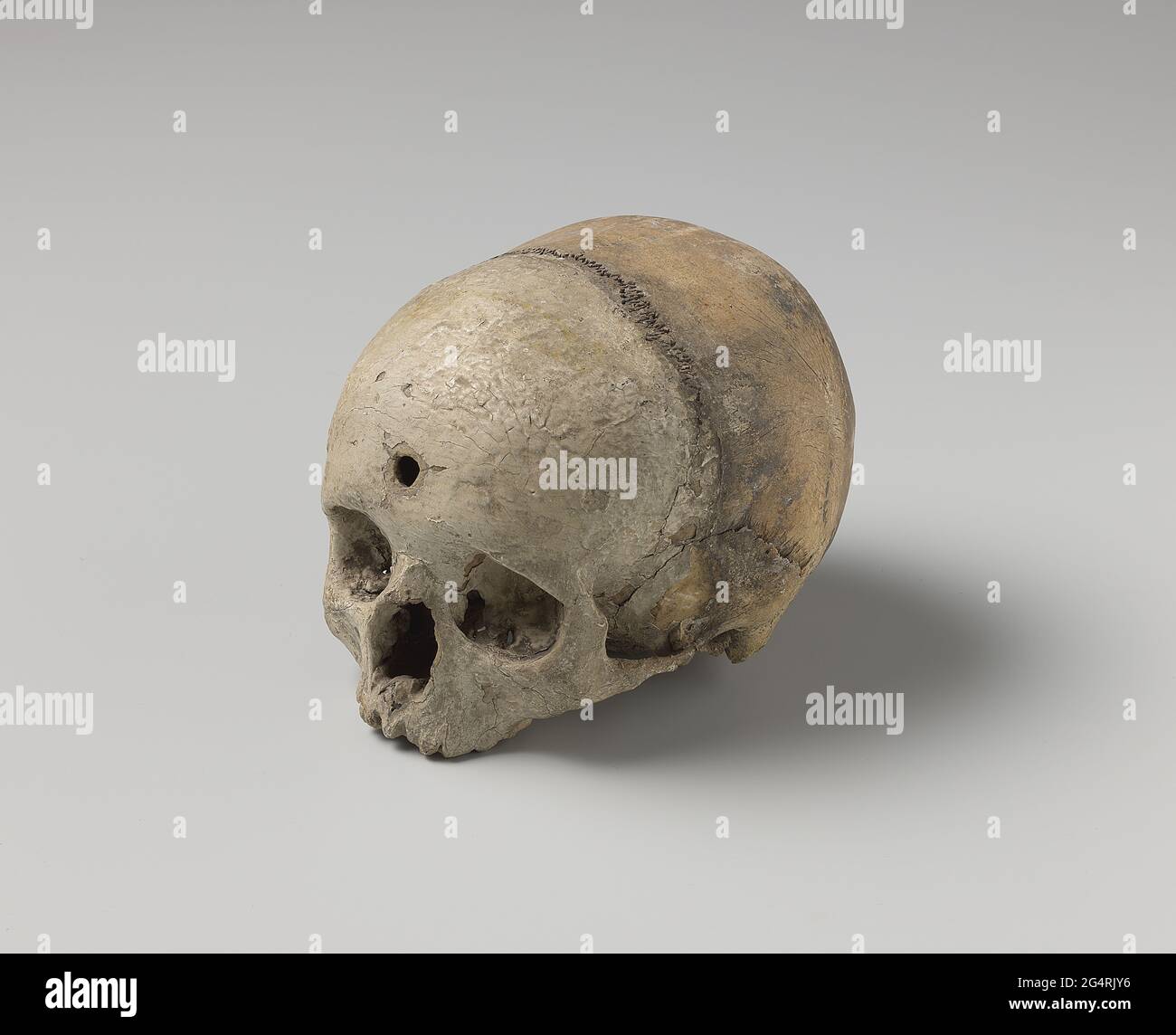 Skull belonging to the monument for Cristoffel Pullmann. A skull with hole in forehead. Stock Photo