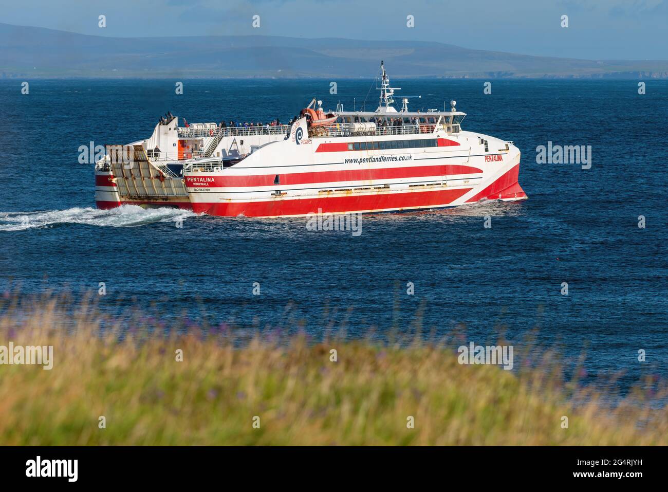 Pentland Ferries' catamaran ferry Pentalina departing Gills Bay in