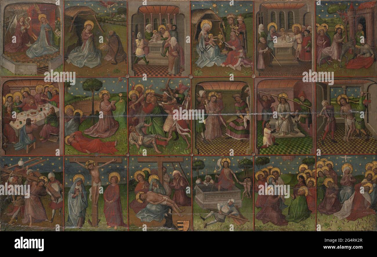 Scenes from the life of Christ. Unfolding before us like a cartoon strip are eighteen scenes from the life of Christ. The painting thus becomes a visual résumé of Christian redemption: the salvation of mankind through the death and resurrection of God’s son. It begins at top left with the Annunciation and the Nativity and finishes at bottom right with the Crucifixion and the Resurrection. Stock Photo