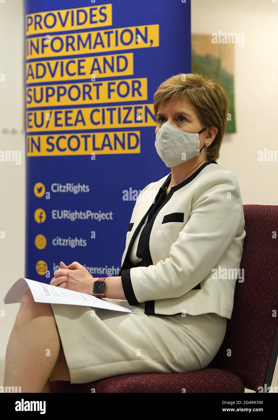 First Minister Nicola Sturgeon during her visit to St Margaret's House, Edinburgh, where she met EU Citizens who have applied and are applying for the EU Settlement Scheme with help from charities Feniks and Citizens' Rights Project. Picture date: Wednesday June 23, 2021. Stock Photo
