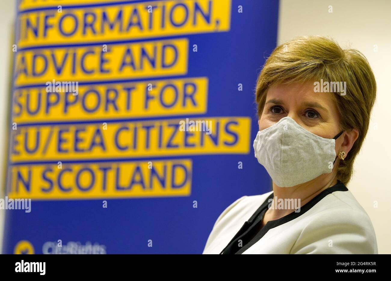 First Minister Nicola Sturgeon during her visit to St Margaret's House, Edinburgh, where she met EU Citizens who have applied and are applying for the EU Settlement Scheme with help from charities Feniks and Citizens' Rights Project. Picture date: Wednesday June 23, 2021. Stock Photo