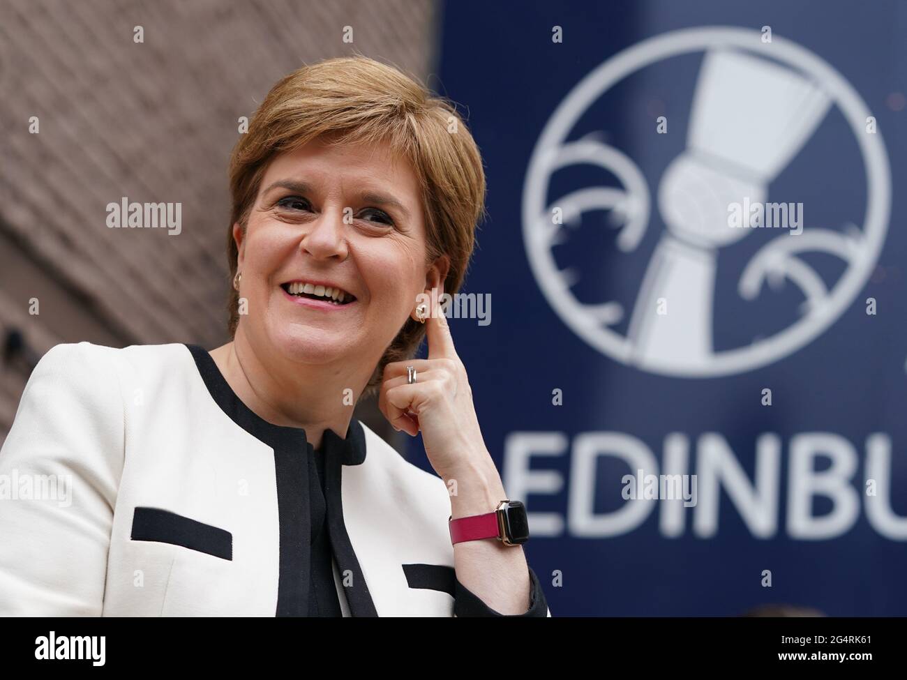 First Minister Nicola Sturgeon after her visit to St Margaret's House, Edinburgh, where she met EU Citizens who have applied and are applying for the EU Settlement Scheme with help from charities Feniks and Citizens' Rights Project. Picture date: Wednesday June 23, 2021. Stock Photo