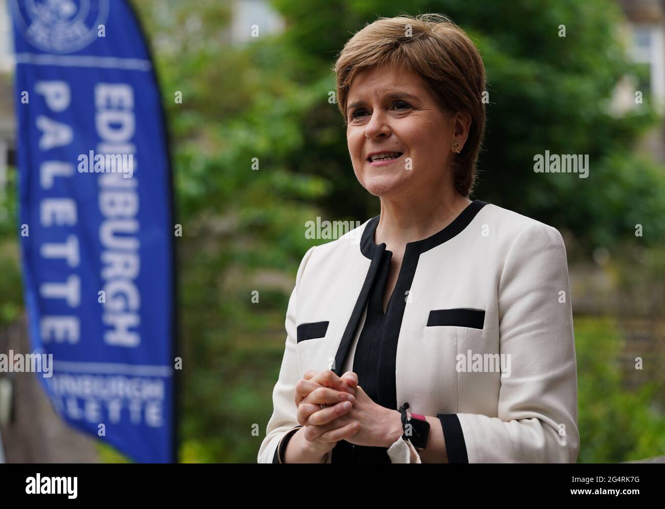 First Minister Nicola Sturgeon speaks to the media after her visit to St Margaret's House, Edinburgh, where she met EU Citizens who have applied and are applying for the EU Settlement Scheme with help from charities Feniks and Citizens' Rights Project. Picture date: Wednesday June 23, 2021. Stock Photo