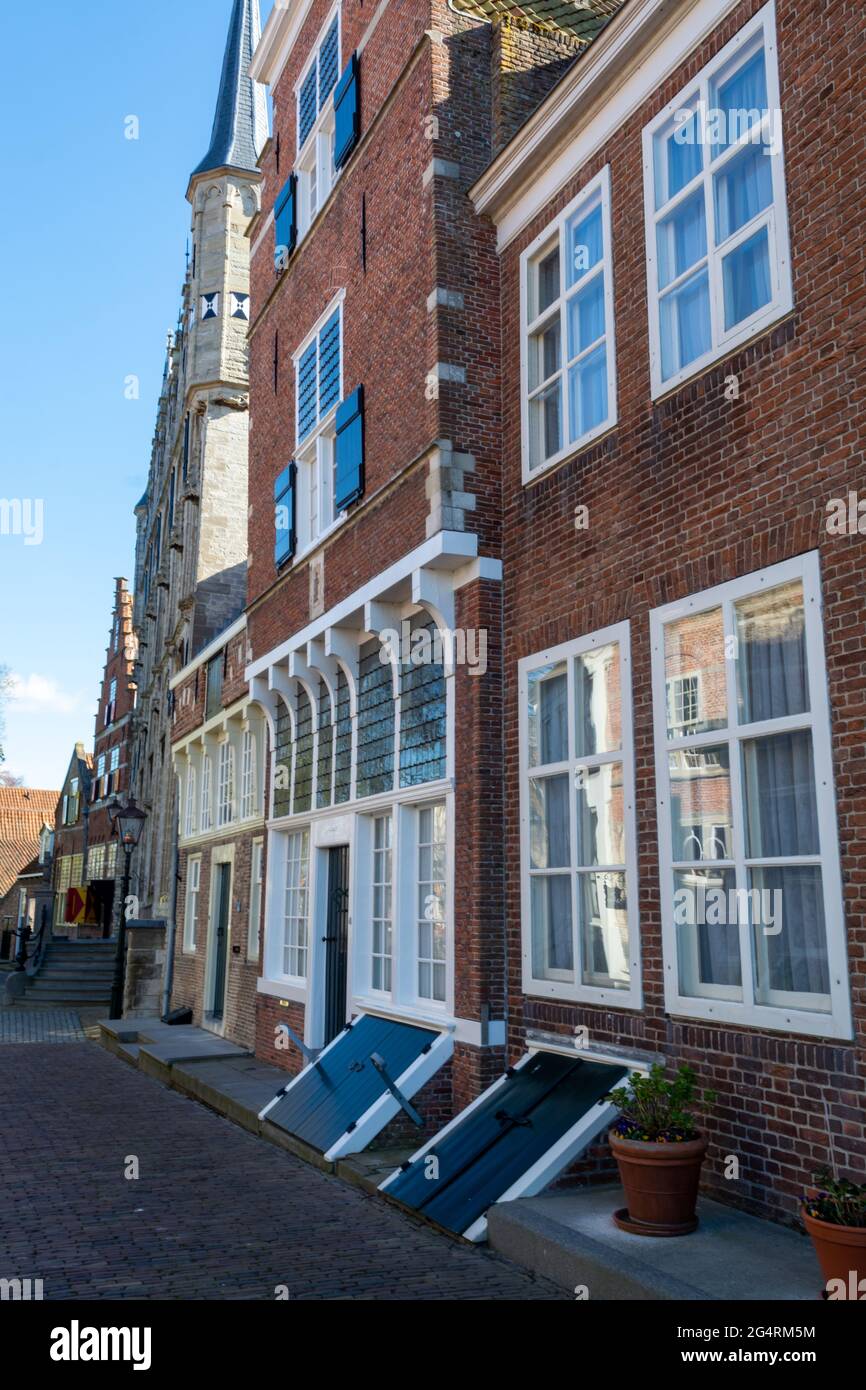 City view on old medieval houses in small historical town Veere in