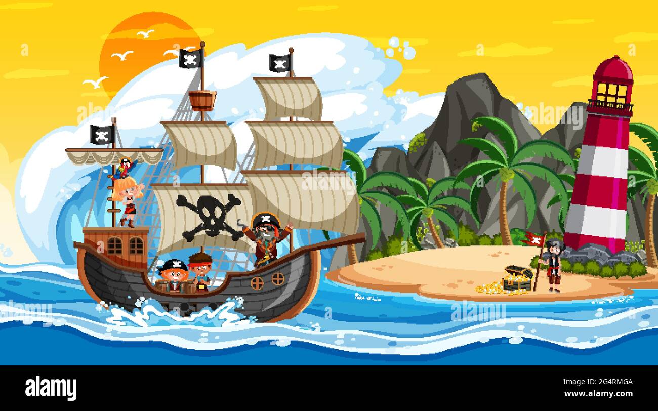 Island with Pirate ship at sunset scene in cartoon style illustration Stock Vector Image & Art - Alamy Island with Pirate ship at sunset scene in cartoon style illustration Stock Vector Image & Art - Alamy