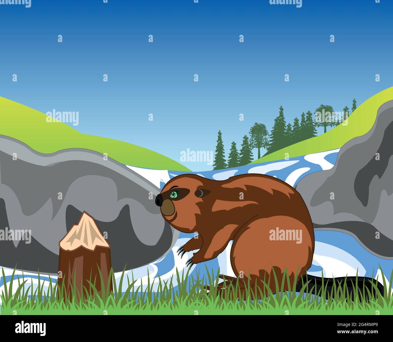Wildlife beaver beside waterfall on nature vector illustration Stock