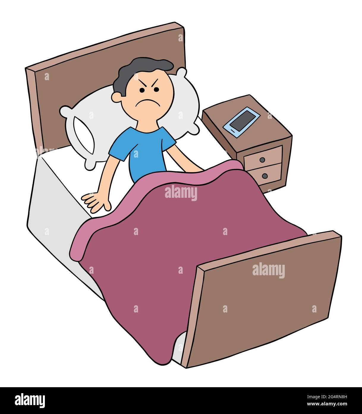 Cartoon man is in bed but angry, can't sleep, vector illustration. Colored  and black outlines Stock Vector Image & Art - Alamy