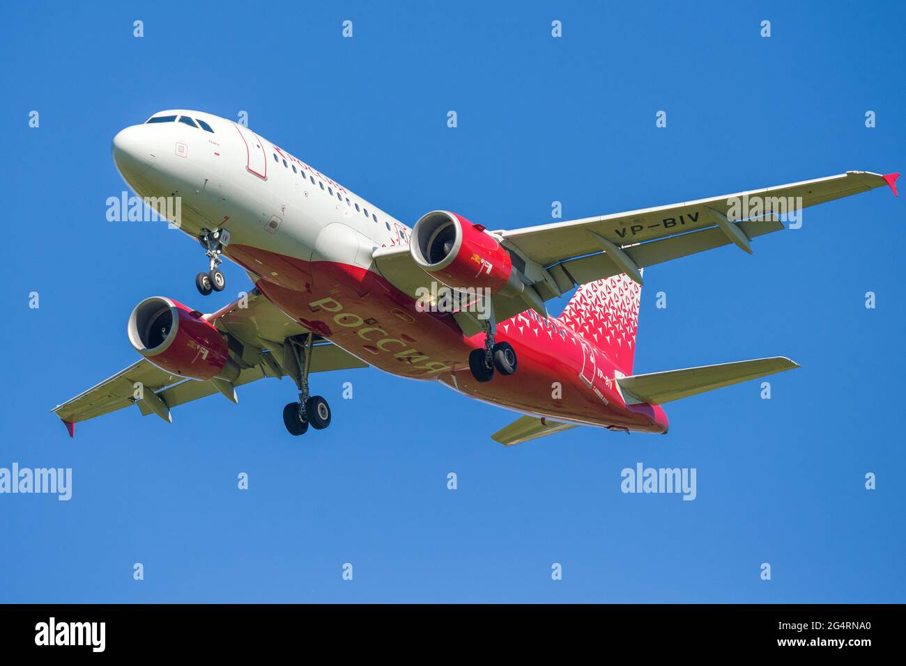 SAINT PETERSBURG, RUSSIA - OCTOBER 28, 2020: Airbus A319-115LR 'Omsk' (VP-BIV) aircraft of Rossiya airlines on the glide path close-up Stock Photo