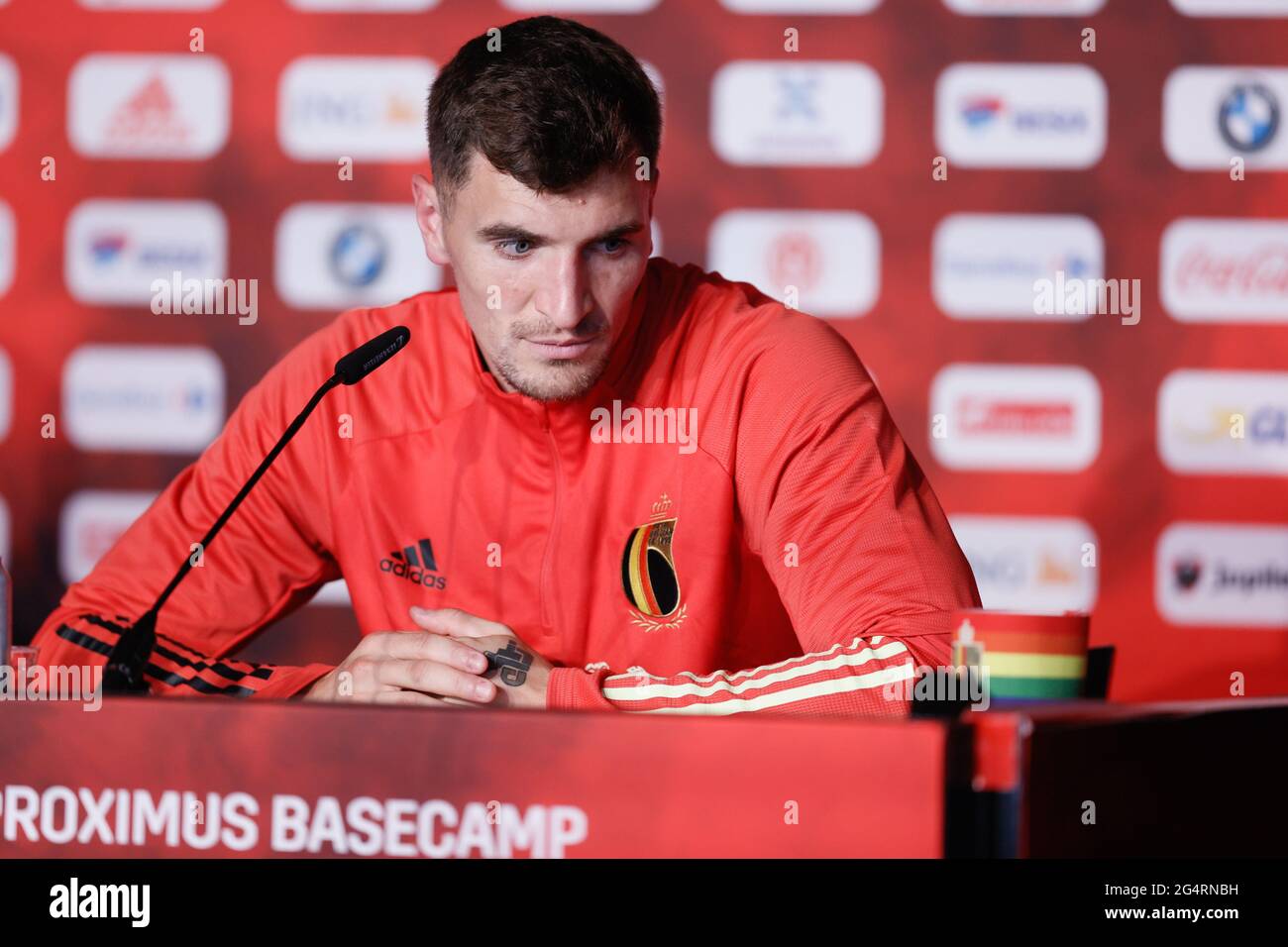 Belgium's Thomas Meunier pictured during a press meeting of the Belgian national soccer team Red Devils, in Tubize, Wednesday 23 June 2021. The team p Stock Photo