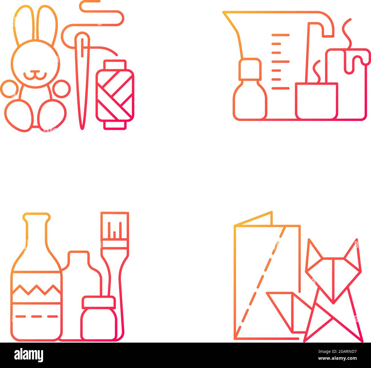 Trendy crafts gradient linear vector icons set. Amigurumi bunny. Candle making. Repurposed bottles. Handmade toys. Thin line contour symbols bundle. I Stock Vector