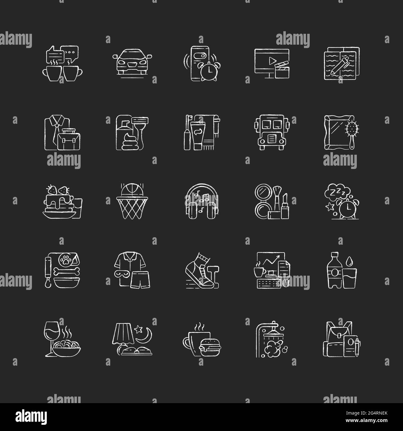 Everyday routine chalk white icons set on dark background Stock Vector
