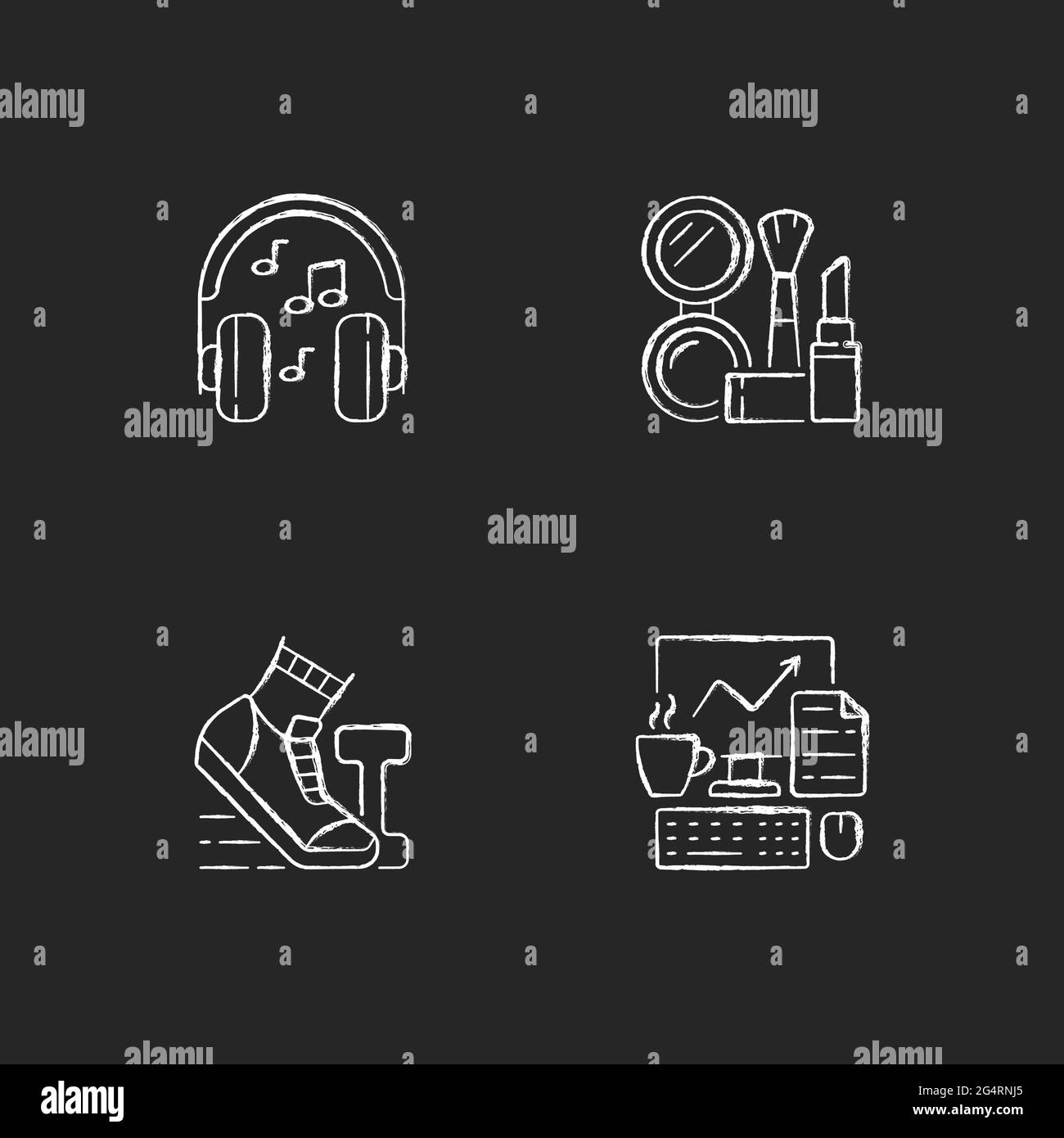Everyday office worker routine chalk white icons set on dark background Stock Vector