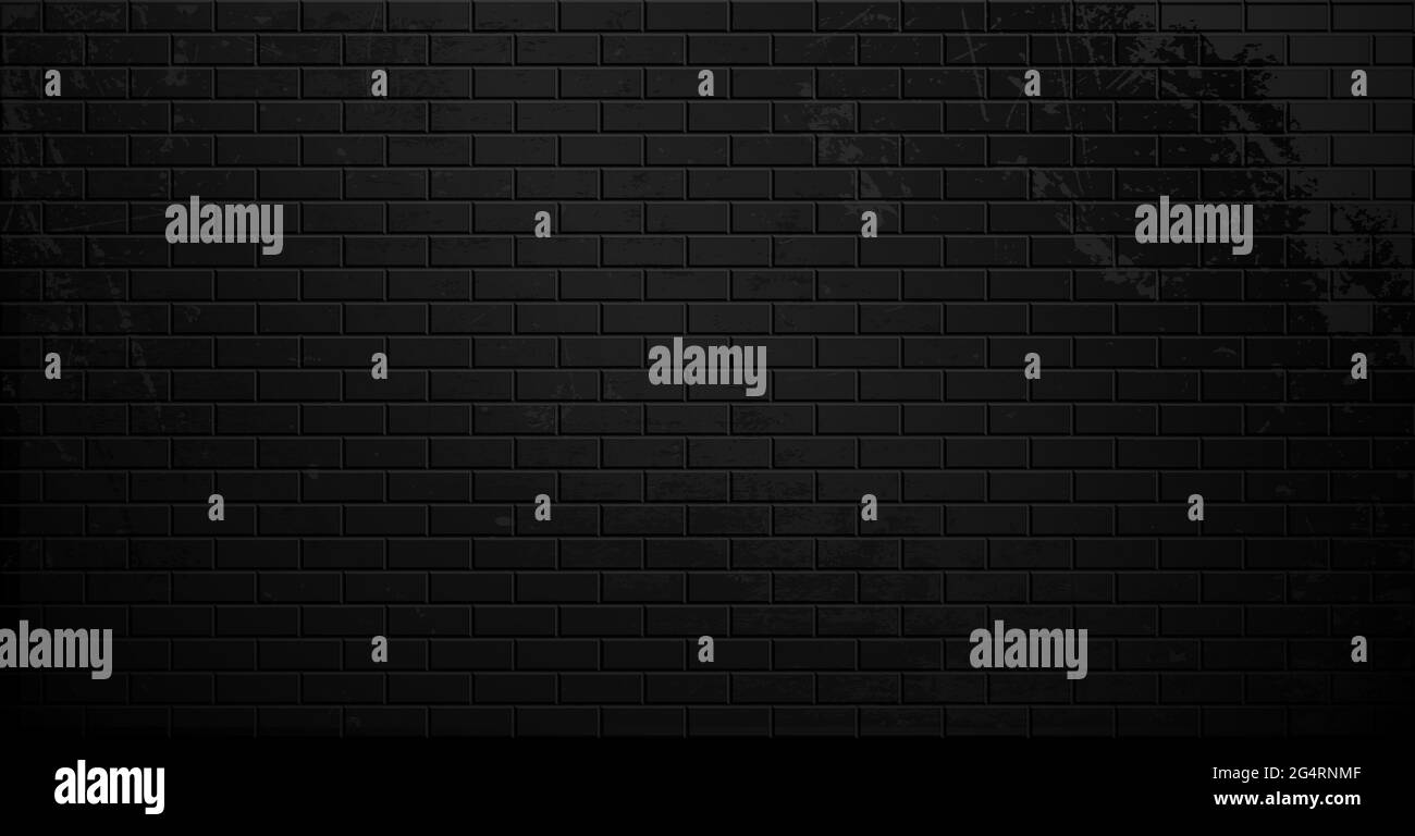 Old black brick wall with cracks and smudges. Empty dark street place. Place for text or product presentation. Stock Vector