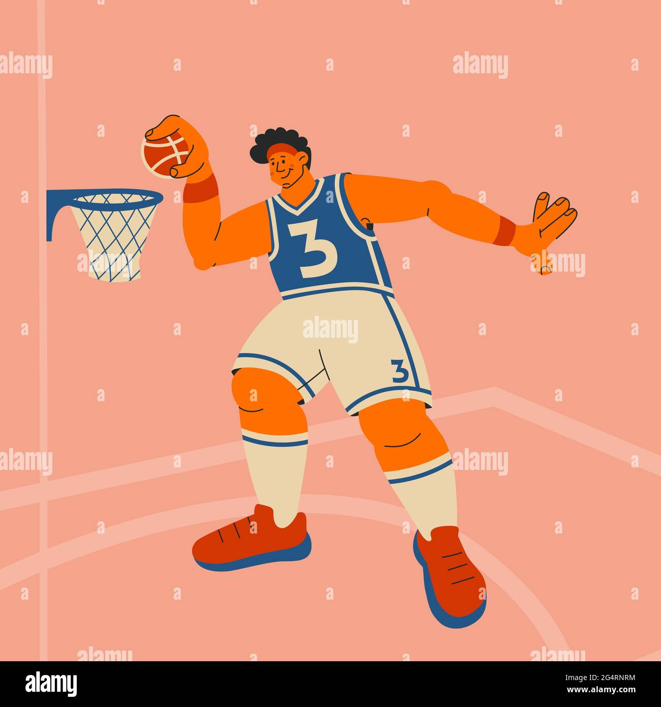 Basketball player. Tall man throws ball into basket. Vector flat multicolor illustration. For design, prints Stock Vector
