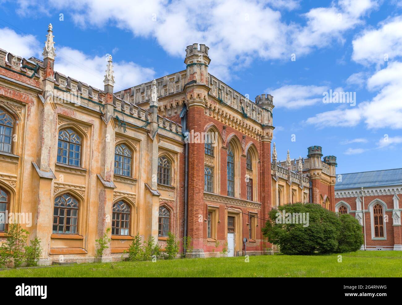 PETRODVORETS, RUSSIA - MAY 29, 2021: Fragment of the old complex of the Imperial Gothic stables on a sunny May day. Peterhof Stock Photo