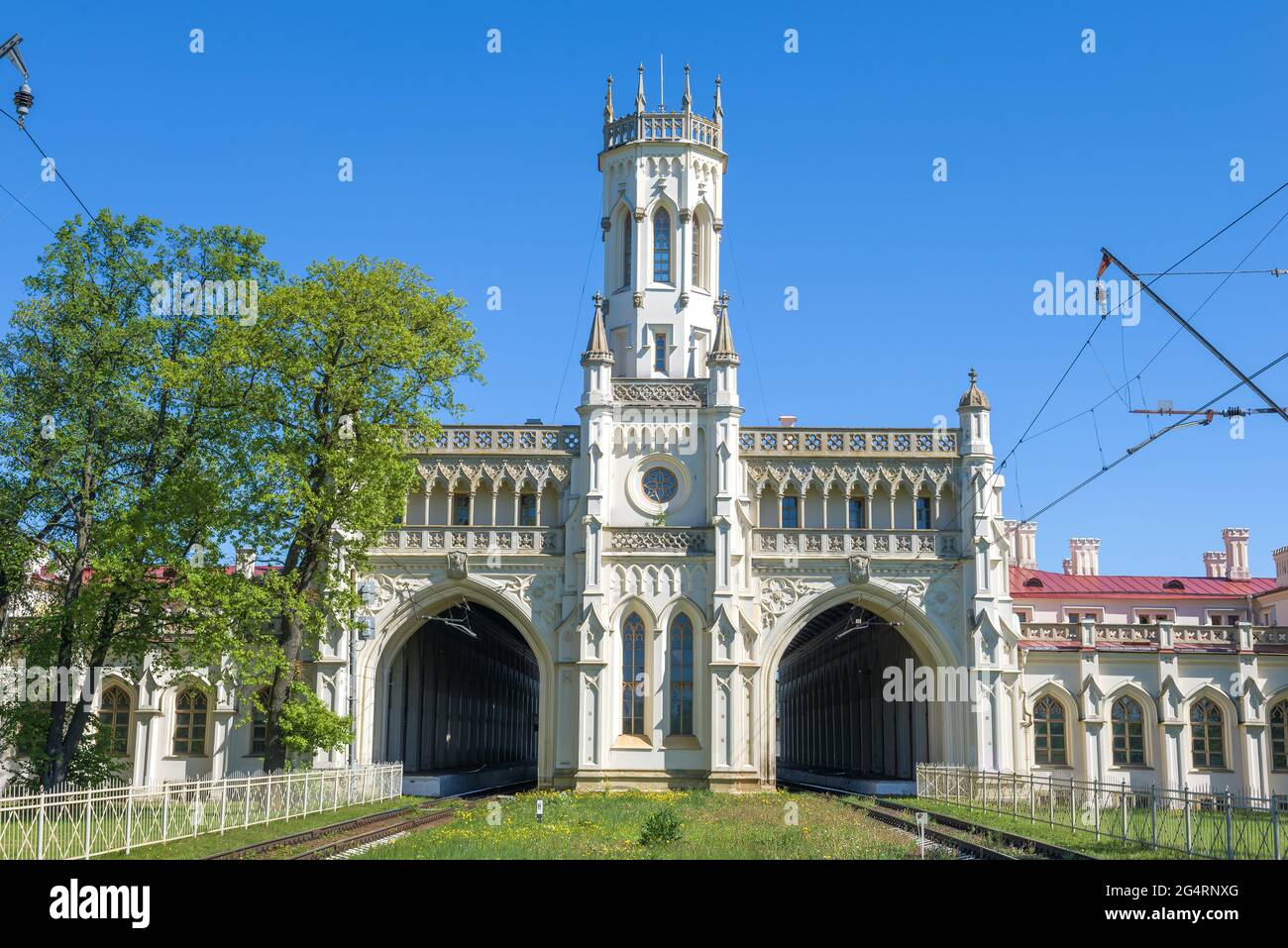 The old building of the New Peterhof railway station close-up on a sunny May day. Saint-Petersburg, Russia Stock Photo