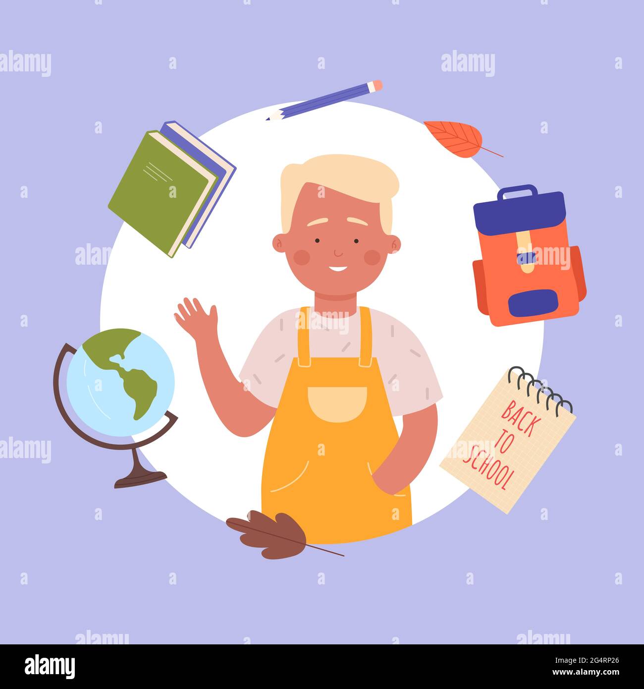 Back to school, happy boy with object for schooling vector illustration.  Cartoon schoolchild character standing and waving next to school bag globe  pencil paper notepad, education poster background Stock Vector Image &