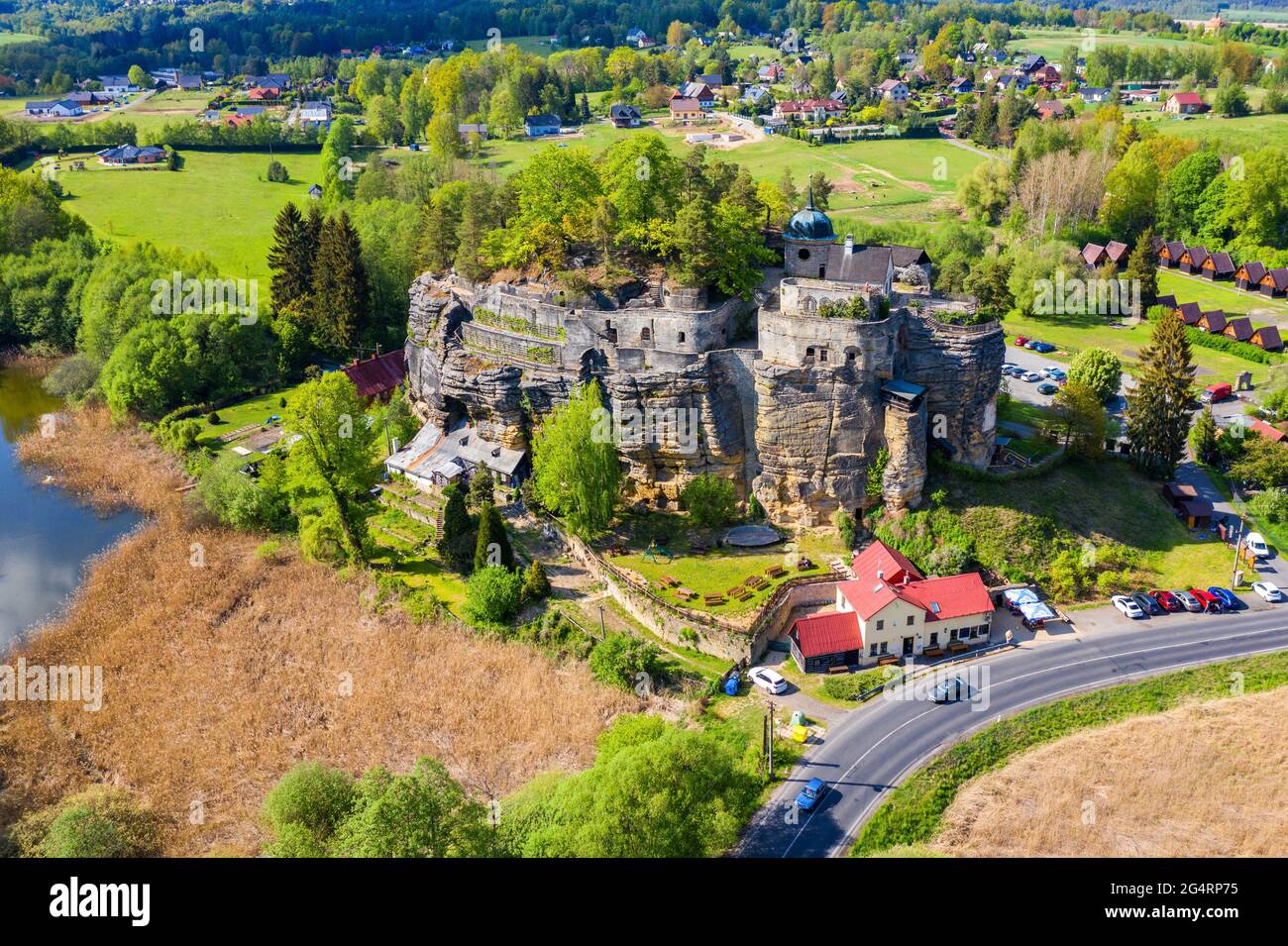 Aerial view of Sloup Castle in Northern Bohemia, Czechia. Sloup rock castle in the small town of Sloup v Cechach, in the Liberec Region, north Bohemia Stock Photo