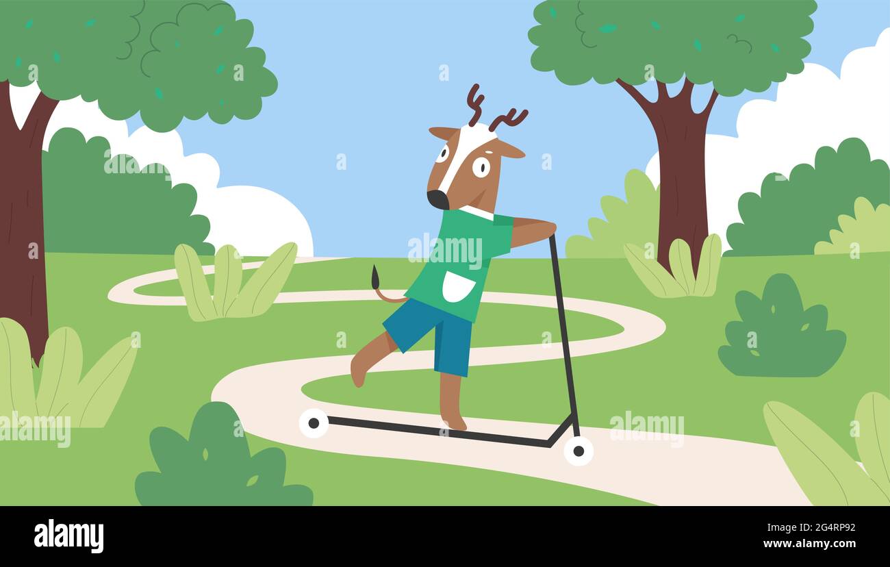 Cute deer wild animal driving scooter in summer green park vector illustration. Cartoon happy reindeer character in shirt and shorts, funny deer scootering on road, fun riding scooter background Stock Vector