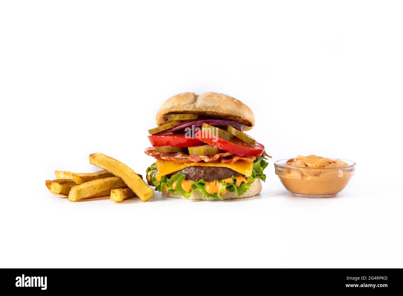 Beef burger with bacon isolated on white background Stock Photo - Alamy