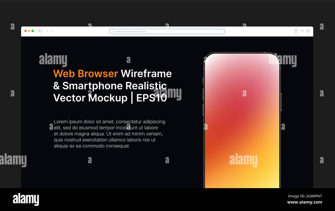 Web Browser Wireframe and Smartphone Realistic Vector Mockup. Horizontal Slide For Presentation. Vector illustration Stock Vector