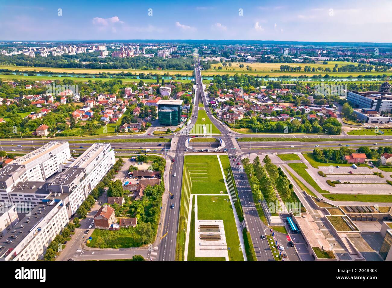 Aerial view of Zagreb and Sava river near fountains square, capital of Croatia Stock Photo