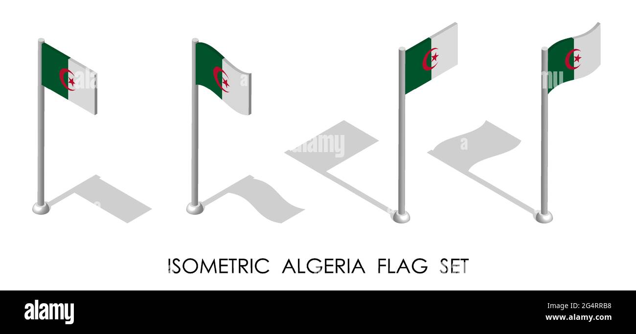 isometric flag of Algeria in static position and in motion on flagpole. 3d vector Stock Vector