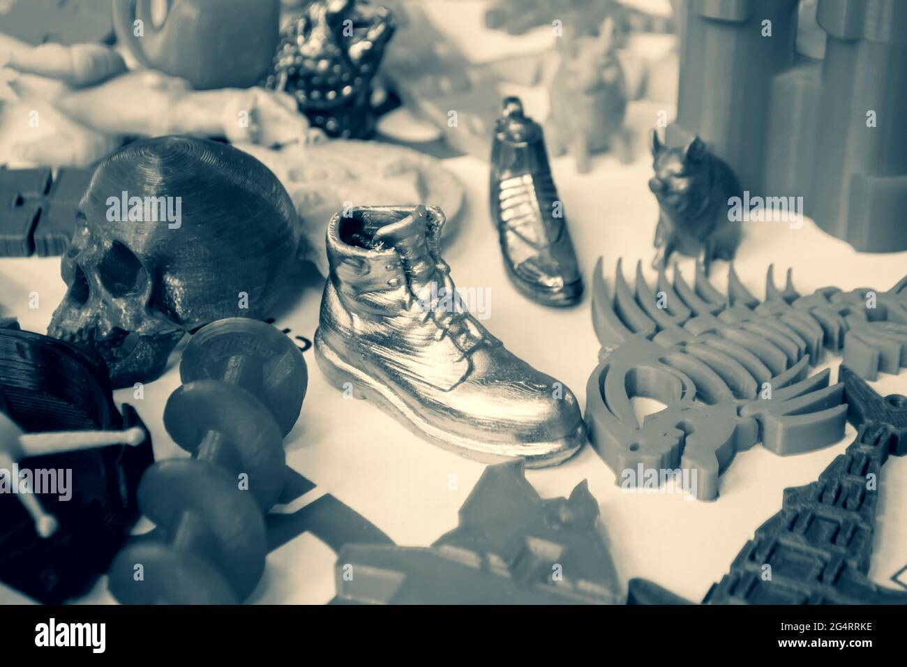 Models printed by 3d printer. Bright colorful objects printed on a 3d printer Stock Photo