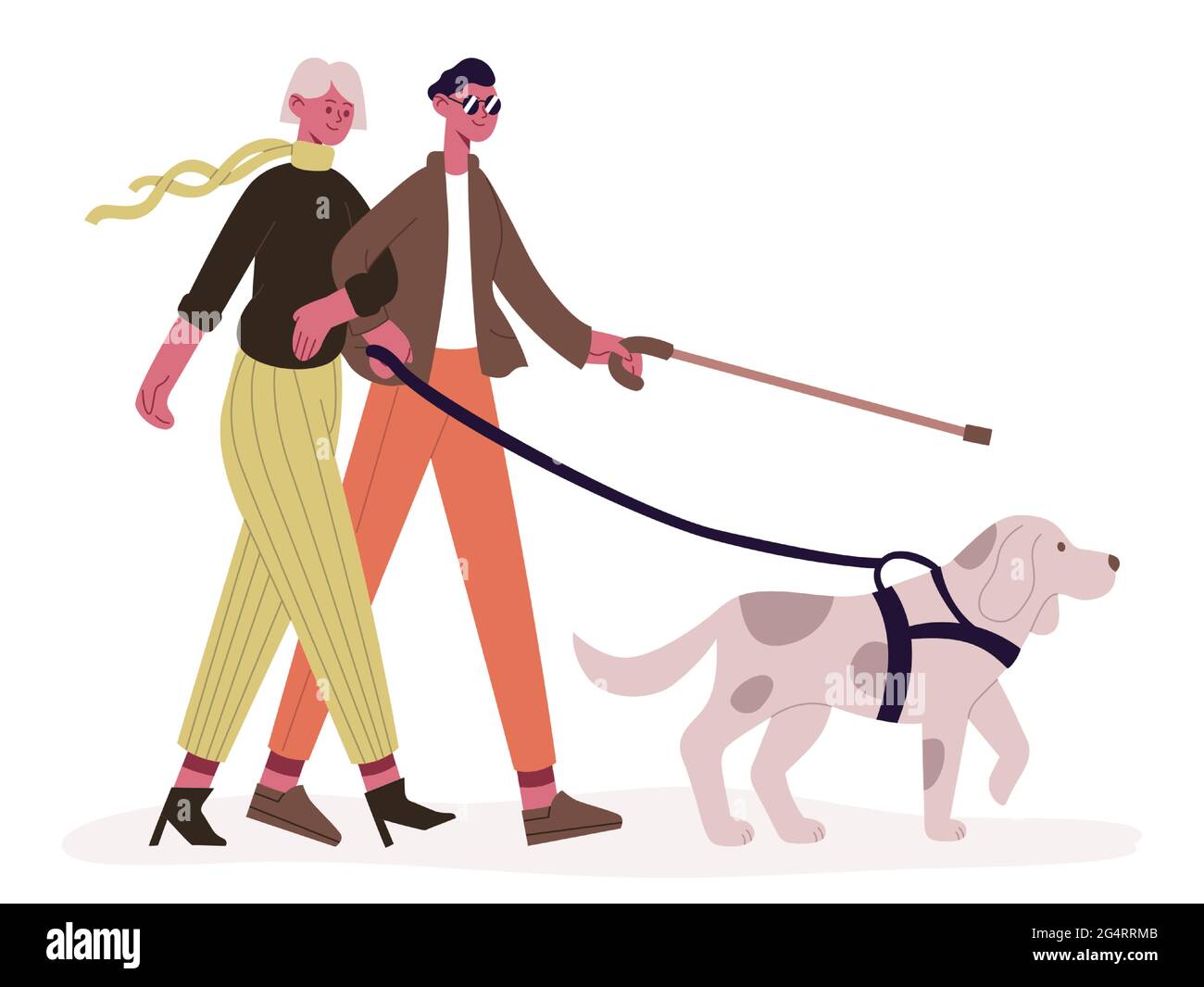 Blind couple with guide dog. Disabled man and woman walking with guide dog, blind couple and service animal vector illustration. Handicapped people Stock Vector