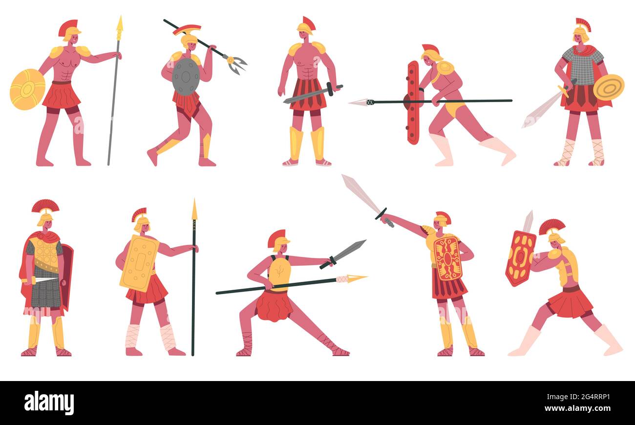 Roman soldiers. Ancient roman army warriors, rome legionnaires, greek soldiers cartoon vector illustration set. Martial roman characters Stock Vector