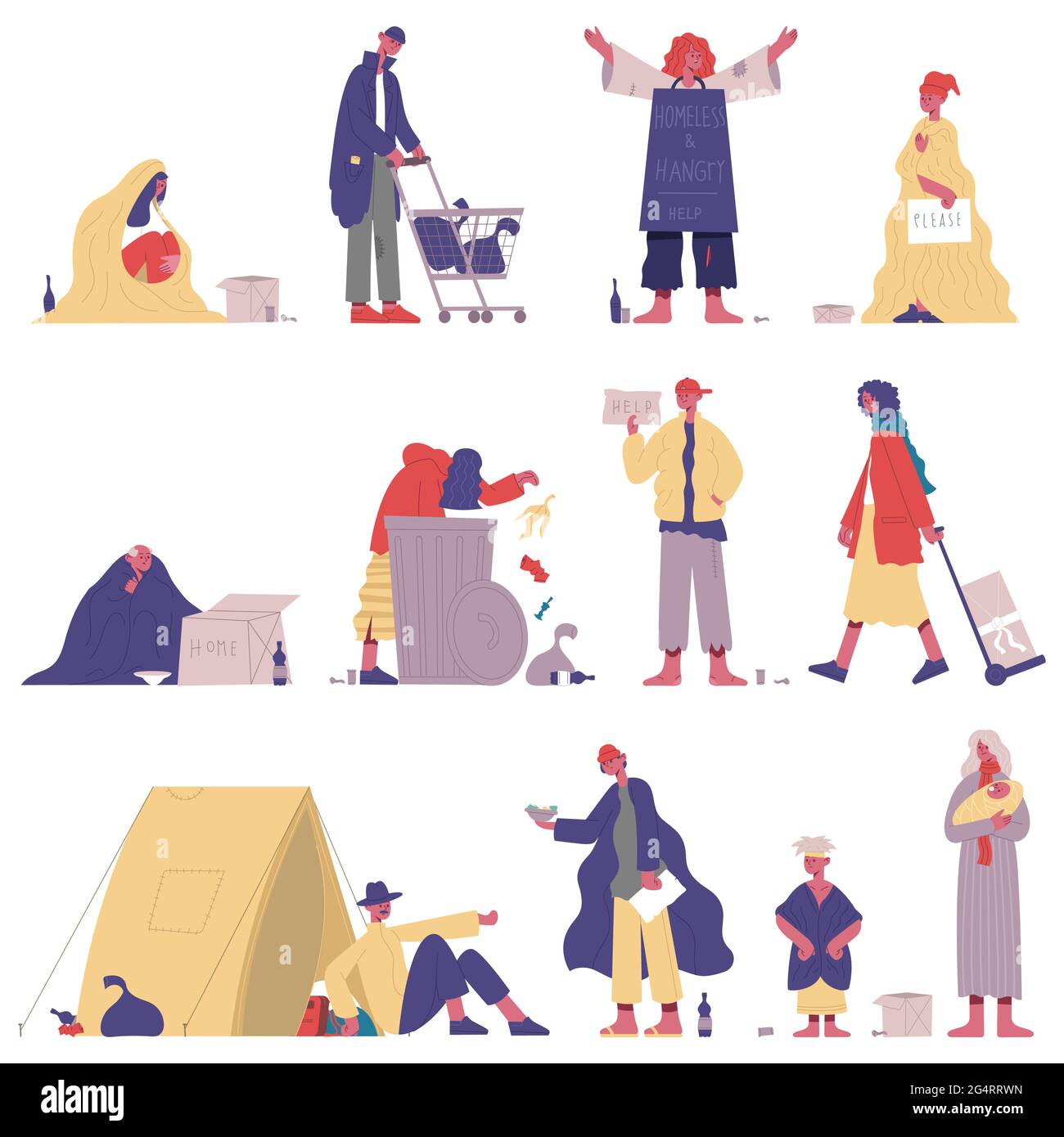 Poor homeless people. Hungry, dirty beggar characters, adult homeless unemployed need help and money vector illustration set. Homeless beggar people Stock Vector