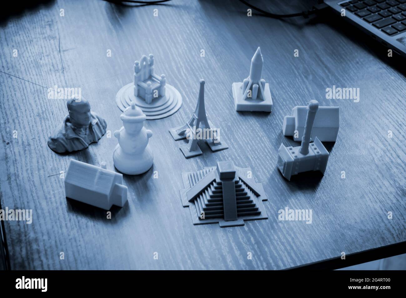 Objects printed by 3d printer close-up. Automatic three dimensional 3d printer Stock Photo