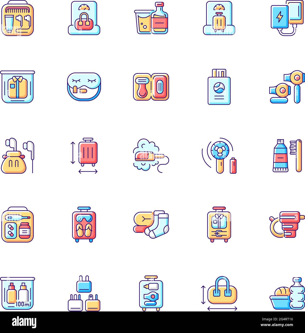 Travel size objects RGB color icons set Stock Vector