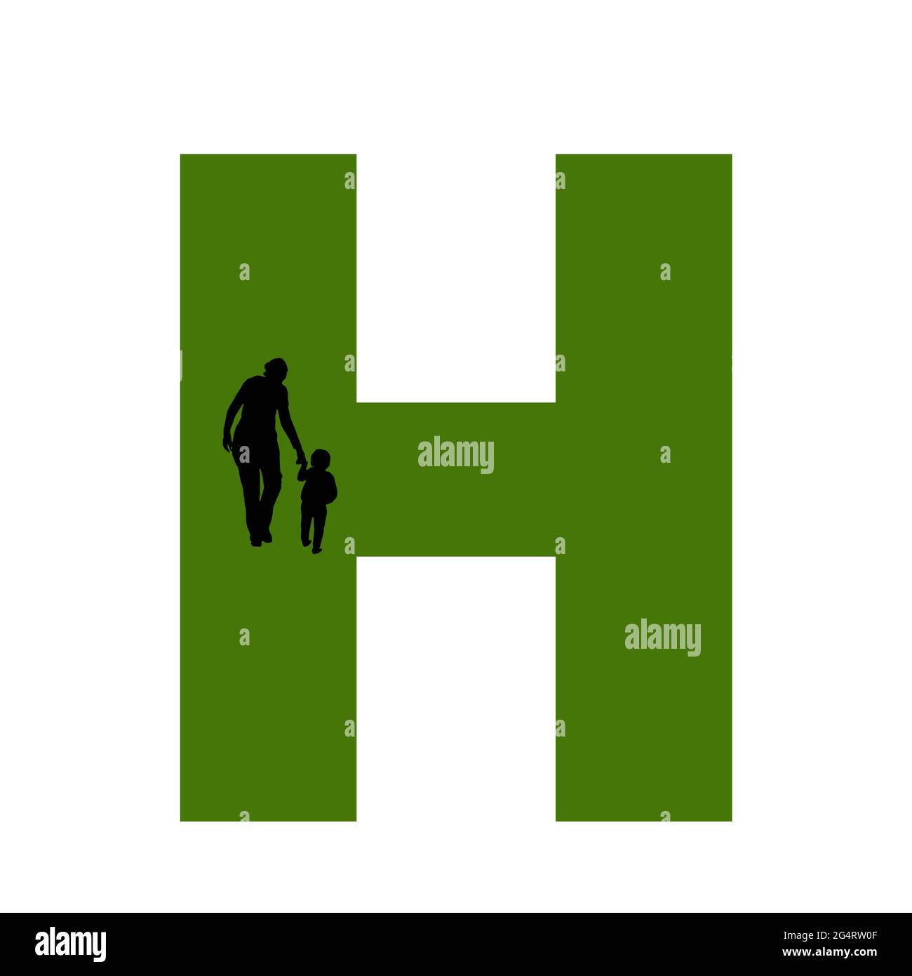 letter H of the alphabet made with silhouette of a mother and child walking, in green and black Stock Photo