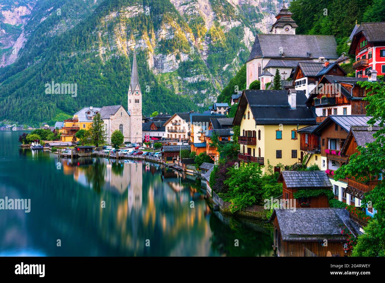 Scenic Picture-postcard View Of Famous Hallstatt Mountain Village In 